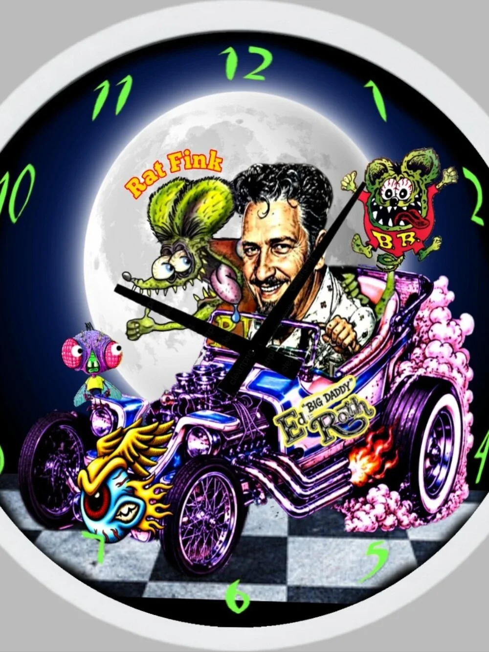 Neon Purple Rat Fink Hot-Rod Wall Clock - Colorful Art Clock